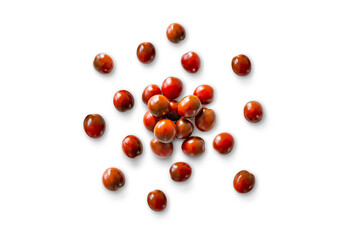 Closeup of fresh juicy organic red cherry tomatoes from the garden isolated on a transparent background with shadow from above, top view