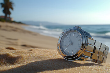 Luxury Watch on Sandy Beach with Ocean Waves and Sunlit Landscape