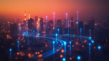 Abstract business man stands on the peak of success amid tall, innovative Smart city and graphs with statistics to analyze business potential and predict future developments in company growth.