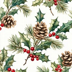 Fototapeta premium Holiday Pine Cones and Holly Leaves Pattern