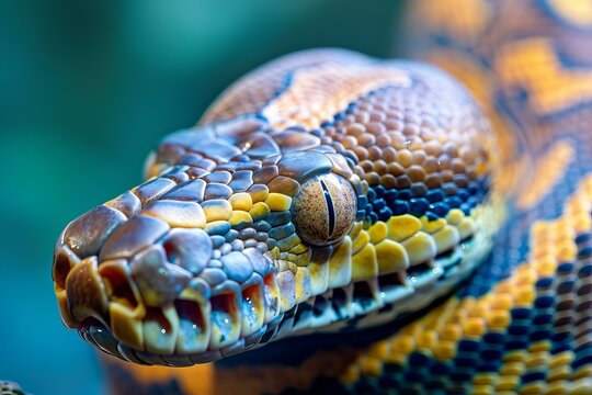 Vibrant close up of a python snake, highlighting its intricate scale patterns and captivating eye