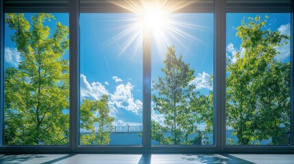 Bright Sunny Day View Through Modern Window Pane