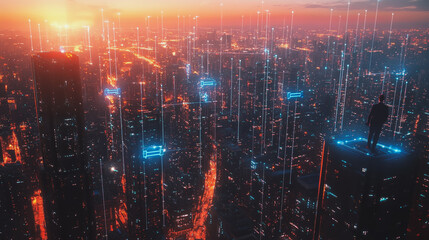 Fototapeta premium Abstract business man stands on the peak of success amid tall, innovative Smart city and graphs with statistics to analyze business potential and predict future developments in company growth.