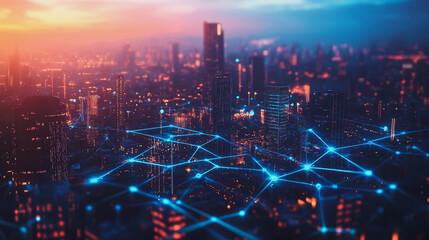 Fototapeta premium Abstract business man stands on the peak of success amid tall, innovative Smart city and graphs with statistics to analyze business potential and predict future developments in company growth.