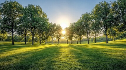 Obraz premium Sunrise over park trees, green grass, nature scene