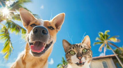 Obraz premium Happy dog and cat posing together under bright sunny sky with palm trees in the background, showcasing friendship and joy in a tropical setting
