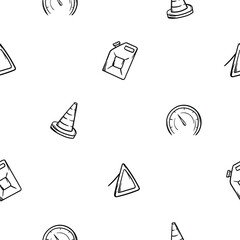 Simple black and white vector seamless pattern with canister, triangle sign, cone and speedometer. Endless background with automotive theme for decoration, wrapping paper, print, wall decoration