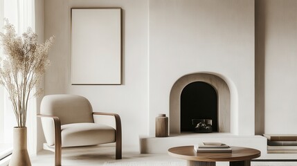 Serene Minimalist Living Room with Fireplace: Neutral Tones and Modern Aesthetics