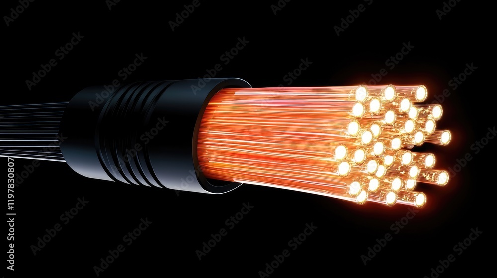 Poster magnified view of a fiber optic cable with intricate light patterns representing high-speed data flo