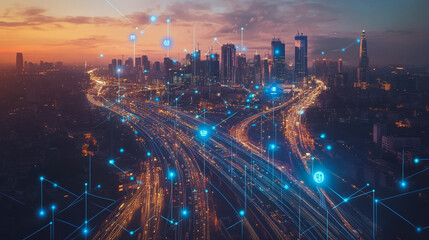 Fototapeta premium Abstract business man stands on the peak of success amid tall, innovative Smart city and graphs with statistics to analyze business potential and predict future developments in company growth.