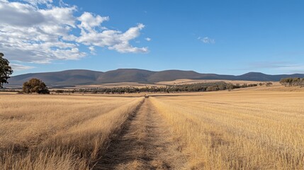 A serene landscape featuring golden fields leading to distant mountains under a blue sky.