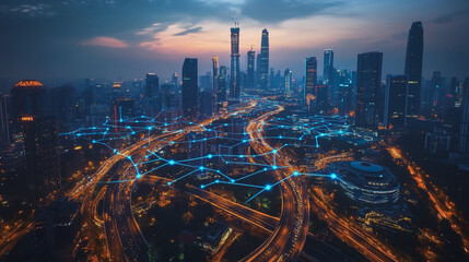 Obraz premium Abstract business man stands on the peak of success amid tall, innovative Smart city and graphs with statistics to analyze business potential and predict future developments in company growth.