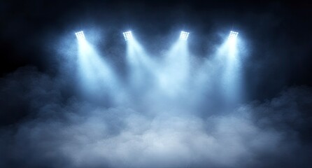 Fototapeta premium Bright spotlights on an ice hockey arena background, sport stadium lights with fog and smoke, vector illustration. 