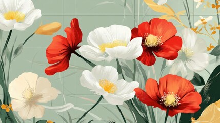 Modern floral grid showcasing vibrant red, white, and yellow blooms on a soft green background, ideal for wallpapers or fabrics