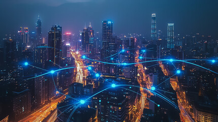 Abstract business man stands on the peak of success amid tall, innovative Smart city and graphs with statistics to analyze business potential and predict future developments in company growth.