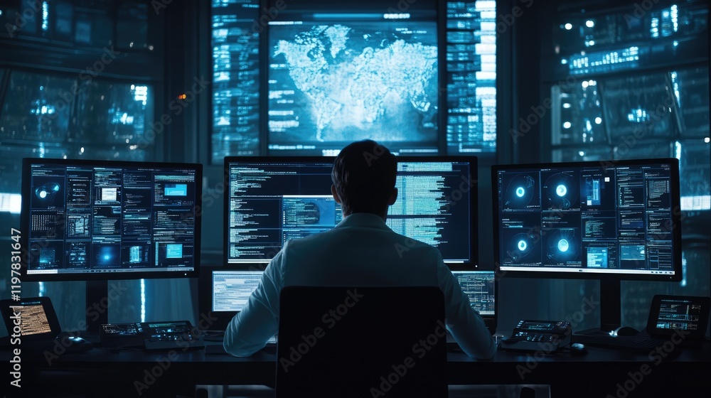 Poster modern office space with a programmer coding on dual screens, highlighting collaboration and innovat
