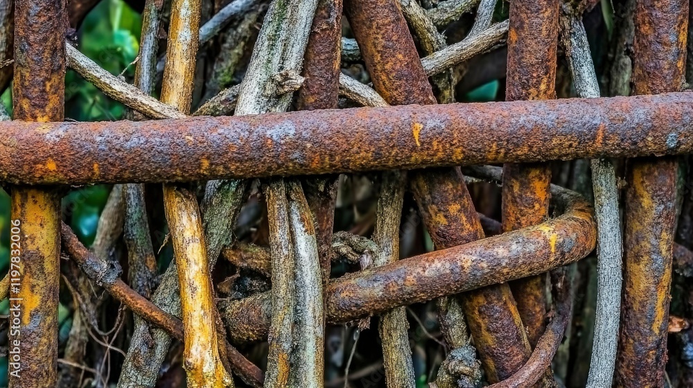 Poster rusty metal and woven branches intertwine creating a unique texture