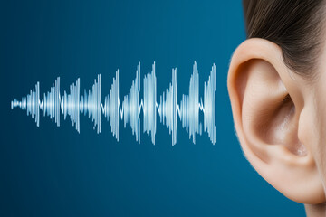 Illustration of a human ear and sound waves on a blue background, close-up. World Hearing Day
