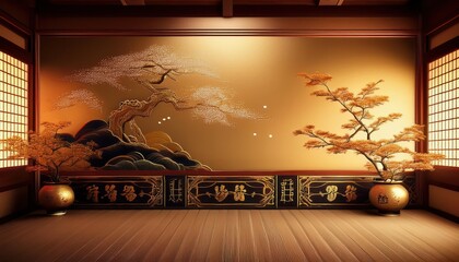 Elegant Vintage Japanese Room Backdrop Warm Wood Tones and Delicate Patterns, Showcasing a Sophisticated HighClass Japanesestyle Interior with Intricate Wall Art