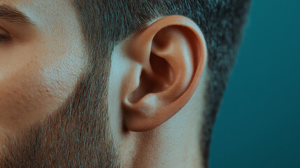 Close-up of a man's ear with space for text. World Hearing Day