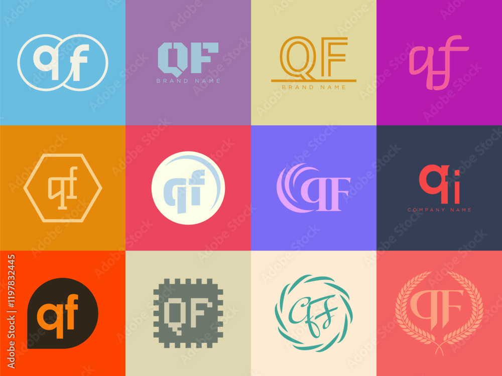 Poster qf logo company template. letter q and f logotype. set different classic serif lettering and modern 