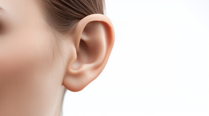 Close-up of a woman's ear with space for text. World Hearing Day
