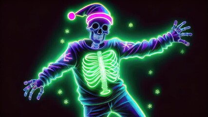 Skeleton in a santa hat and a neon outfit