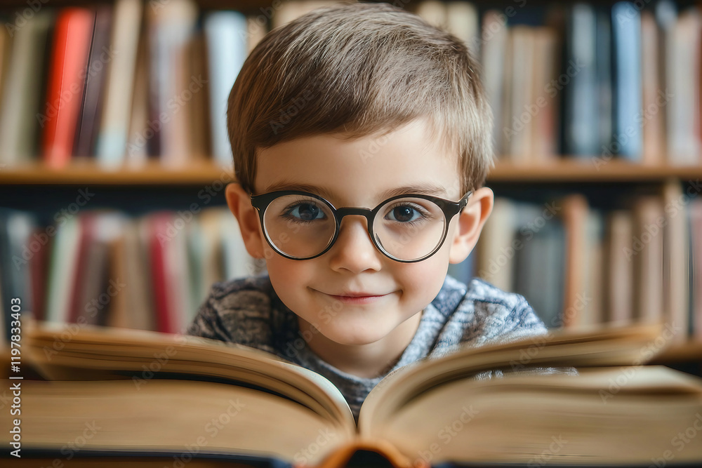 Poster kid in an atmospheric large library with many books made generative ai