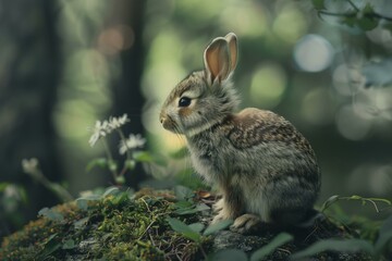 Fototapeta premium Wild baby rabbit sits on a mossy rock in a forest, observing its surroundings
