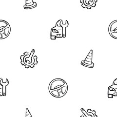 Simple black and white seamless pattern with car repair and maintenance icons, cone, steering wheel. Endless vector background with automotive theme for decoration, wrapping paper, print