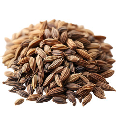 Whole cumin seeds displayed in a close-up arrangement on a clean surface capturing their natural texture and color variations isolated on transparent background