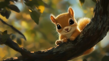 A cute, cartoon-style squirrel perched on a branch, surrounded by autumn foliage.