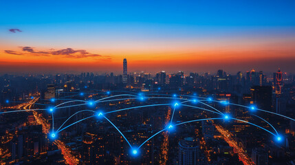 Fototapeta premium Abstract business man stands on the peak of success amid tall, innovative Smart city and graphs with statistics to analyze business potential and predict future developments in company growth.