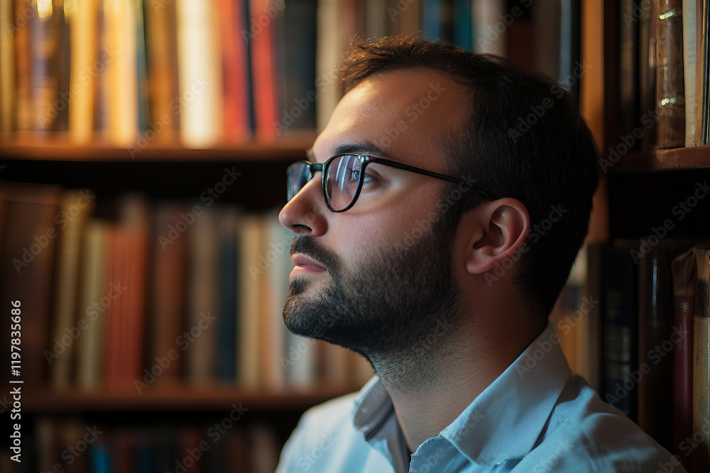 Poster young student read book in a library setting, generative ai image