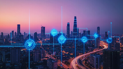 Fototapeta premium Abstract business man stands on the peak of success amid tall, innovative Smart city and graphs with statistics to analyze business potential and predict future developments in company growth.