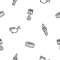 Simple black and white seamless pattern with car parts icons, filter, oil can, candle. piston Endless vector background with automotive theme for decoration, wrapping paper, print, wall decoration