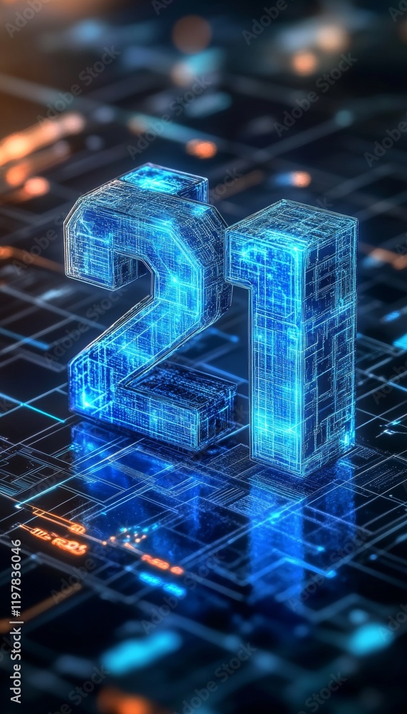 Poster glowing digital 3d number 21 in futuristic style on an abstract technology background