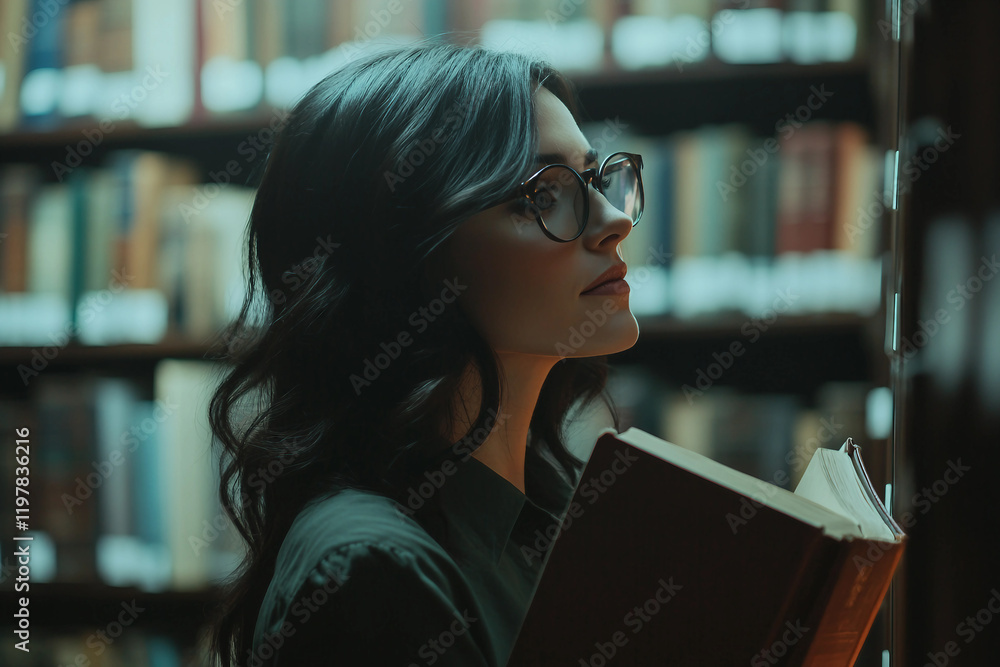 Poster student studying and reading book in library, generative ai