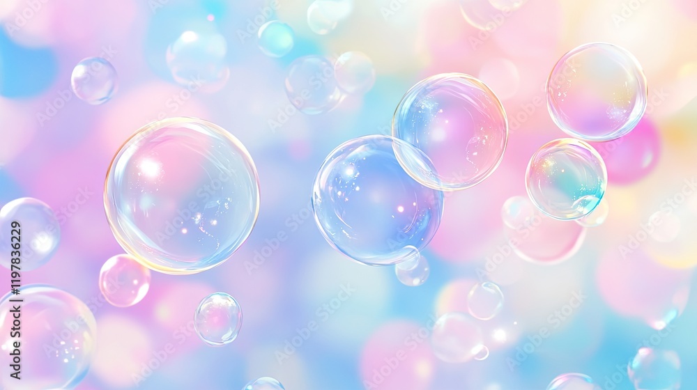 Poster Vibrant abstract background in pink and blue hues with floating translucent soap bubbles, creating a playful effect