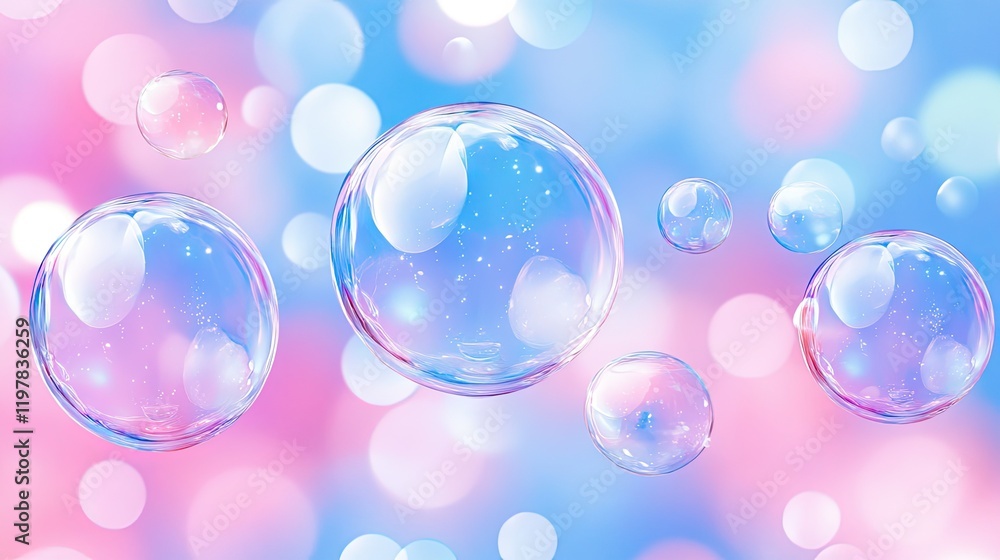 Poster vibrant abstract background in pink and blue hues with floating translucent soap bubbles, creating a