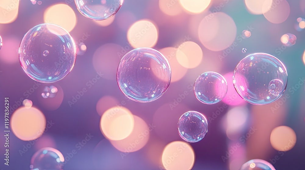 Poster vibrant abstract background in pink and blue hues with floating translucent soap bubbles, creating a
