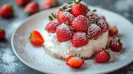A minimalistic presentation of a creamy dessert topped with fresh strawberries and powdered sugar on a white plate
