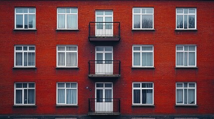 Red brick apartment building with white window frames and balconies, showcasing urban architecture