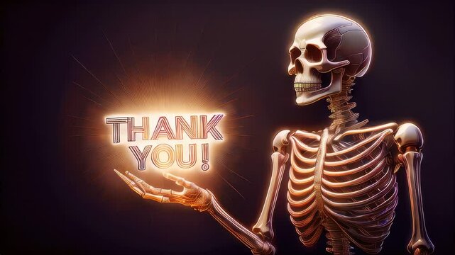 Skeleton holding a thank you sign with a glowing hand
