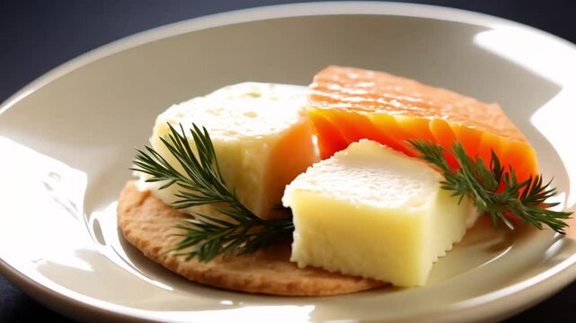 Slow zoom in video of scottish oatcakes with smoked salmon, cream cheese, fresh dill, capers, and high-key lighting