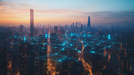 Fototapeta premium Abstract business man stands on the peak of success amid tall, innovative Smart city and graphs with statistics to analyze business potential and predict future developments in company growth.