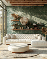 Cozy living room with white sectional sofa, round ottoman, and green accent wall