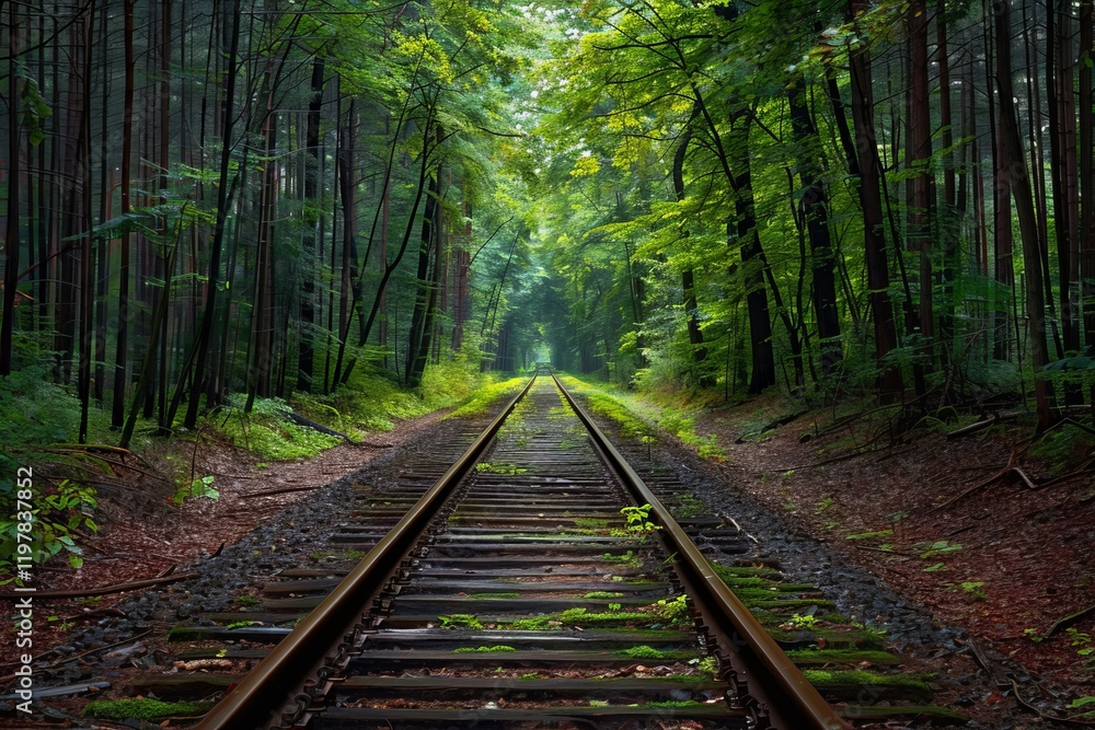 Poster old railway track disappearing into a green deciduous forest, creating a captivating scene of nature