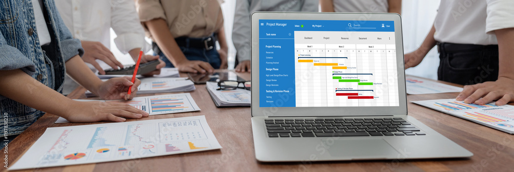 Fototapete project planning software for brisk business project management on the computer screen showing timel