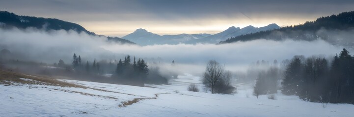 Serene winter valley with trees and faint trail in the distance